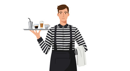 Waiter in striped shirt apron holding tray with beverages towel