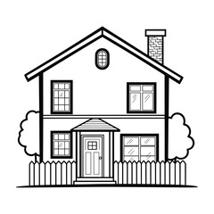 Black and white line drawing of a two story house with a picket fence and trees home building