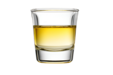 Crystal clear shot glass filled with golden amber liquor, perfect for celebrations and toasts.