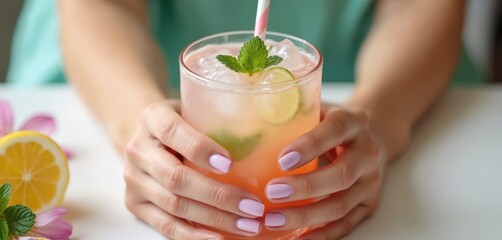 Fototapeta premium Woman with pastel nails holds refreshing drink with ice, mint, lime, lemon slice nearby. Elegant beverage with straw in salon setting. Relaxing ambiance.