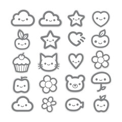 Collection of kawaii style icons with smiling faces including clouds stars hearts apples cupcakes cat bear mushroom and flower
