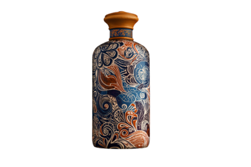 Exquisite artisan bottle with intricate tribal patterns and natural wood stopper, perfect for premium beverage packaging