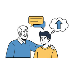 Older man with hand on younger man's shoulder with speech and thought bubbles vector