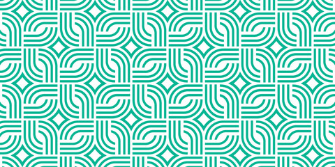 Seamless geometric pattern with curved green lines and diamond shapes on a white background.