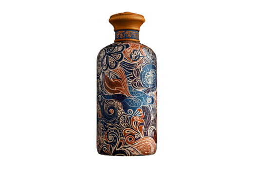 Exquisite artisan bottle with intricate tribal patterns and natural wood stopper, perfect for premium beverage packaging