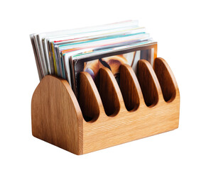 Wooden desk organizer with five slots, holding a stack of colorful cards or photos, isolated on transparent background
