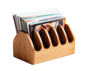 Wooden desk organizer with five slots, holding a stack of colorful cards or photos, isolated on transparent background