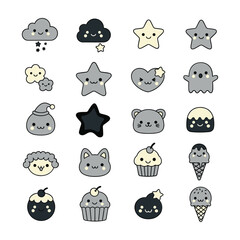 Cute Kawaii Style Icons of Clouds Stars Ghosts Animals and Sweets illustration