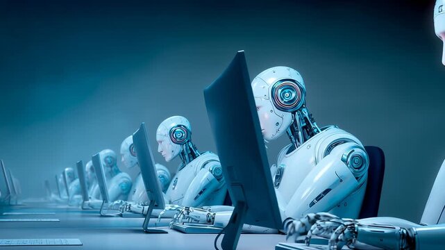 Row of humanoid robots with circular eye sensors working simultaneously on computer workstations. Uniform white robotic workforce processing digital data in synchronized blue environment