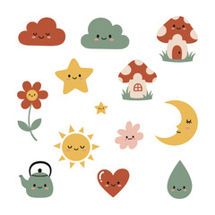 Cute kawaii cartoon elements of clouds sun moon stars mushrooms flower heart teapot and raindrop illustration