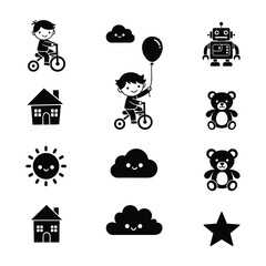 Black silhouette icons of a boy on a tricycle holding a balloon a robot teddy bears a house a sun and clouds