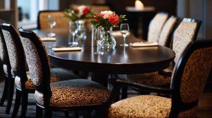 Coordinated dining set featuring oval table and matching chairs foreground in sharp clarity contrasting with the gently outoffocus décor behind.
