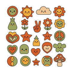 Retro kawaii cartoon icons sun cloud flower peace sign heart star mushroom vector