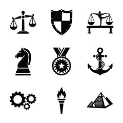 Collection of black silhouette icons including scales of justice knight medal anchor gears torch and pyramids