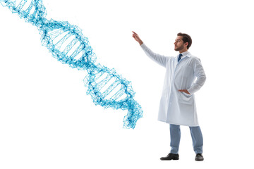 Scientist points to glowing blue DNA helix, symbolizing genetic research and discovery with innovation