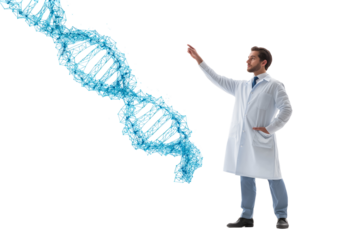 Scientist points to glowing blue DNA helix, symbolizing genetic research and discovery with innovation
