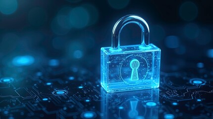 high tech visualization of cybersecurity threats a transparent padlock glowing with neon blue lights 3d render