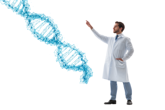 Scientist points to glowing blue DNA helix, symbolizing genetic research and discovery with innovation
