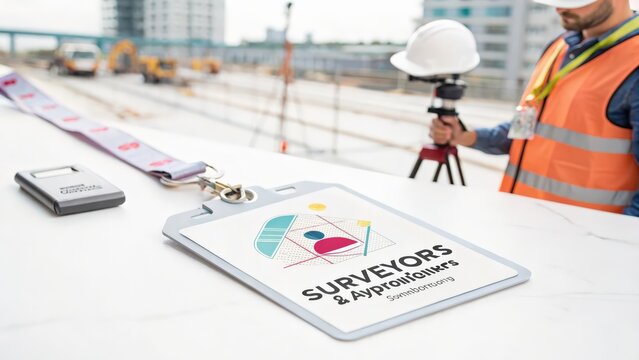 Id badge of surveyors and appraisers on construction site with tools
