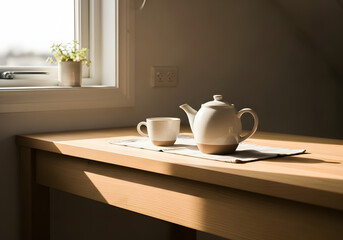 Obraz premium Minimalist Kitchen Counter with Ceramic Teapot and Cup