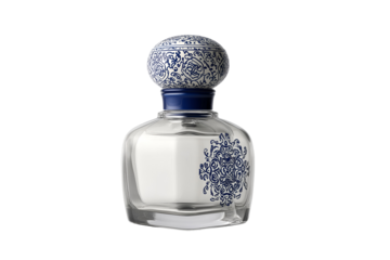Elegant glass perfume bottle with ornate blue patterned cap and detailed intricate label design