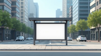 Maqueta minimalista de parada de autobús en blanco situada en una bulliciosa escena callejera urbana con un diseño limpio e iluminación neutra