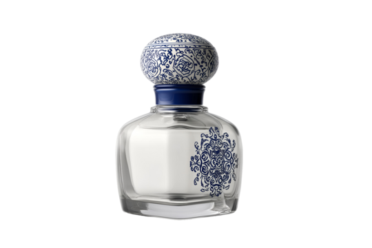 Elegant glass perfume bottle with ornate blue patterned cap and detailed intricate label design