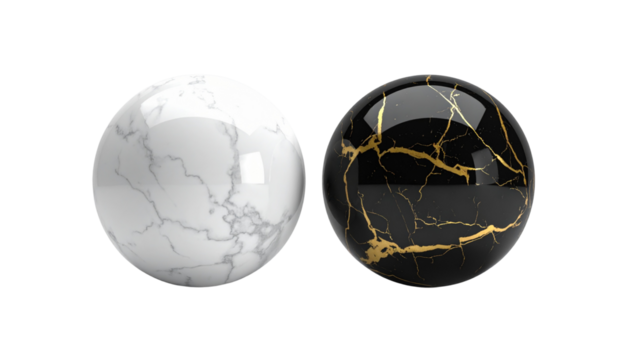 Two marble texture sphere variations isolated on transparent background