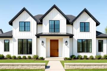 Modern farmhouse exterior with white siding and black trim. Two-story white house with a symmetrical design. Architectural exterior of a luxury suburban residence