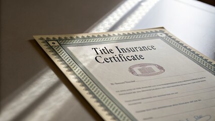 Title insurance certificate document with decorative border and sunlight shadows
