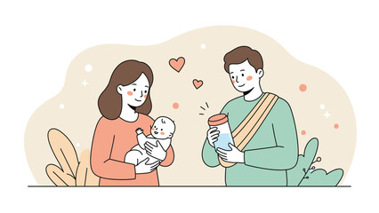 Parenthood Joy: Happy Parents with Newborn Baby and Feeding Bottle