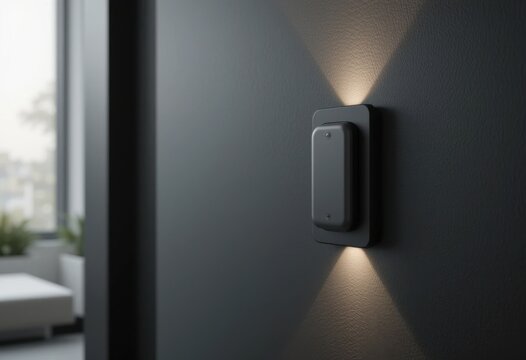 Interruptor de luz minimalista en pared negra mate, enfoque de dise&ntilde;o moderno, atm&oacute;sfera interior contempor&aacute;nea, l&iacute;neas limpias, simplicidad elegante