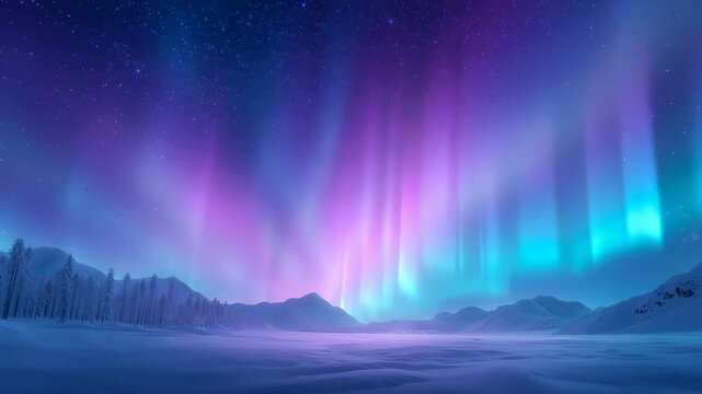 Mesmerizing aurora borealis illuminates snow-covered mountain terrain with ethereal blue, purple, and turquoise light streams. Silhouetted trees frame dramatic starry night panorama loop