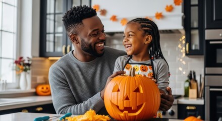 Happy black family getting ready to celebrate Halloween. Happy African American father and daughter  having fun and celebrating Halloween at home.