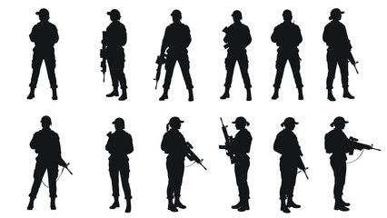 Female Military Personnel Silhouettes - Diverse Poses with Rifles and Tactical Gear