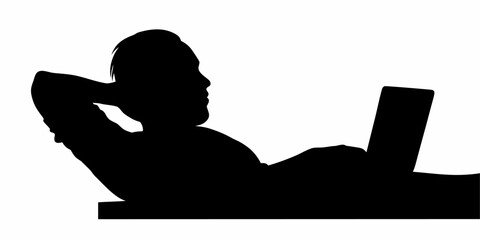 Relaxed freelancer works on laptop, silhouette radiates calm productivity, design element for modern digital nomad lifestyle and flexible remote working concepts
