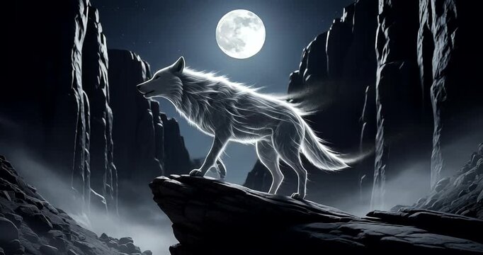 Majestic white wolf howling at the full moon in a dramatic canyon landscape