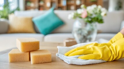 Medium shot of a homeowner wiping surfaces with hypoallergenic cleaning solutions aimed at eliminating dust mites and preventing allergic reactions indoors.