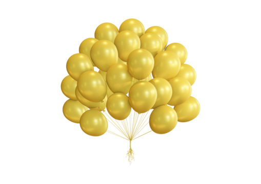 Bunch of golden balloons isolated on transparent background