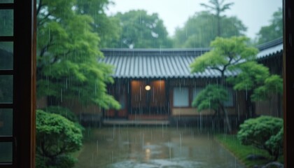 Fototapeta premium Japanese style house on rainy day. Green trees and bushes in courtyard with puddles. Rain falling from roof eaves. Peaceful natural landscape with moist atmosphere.