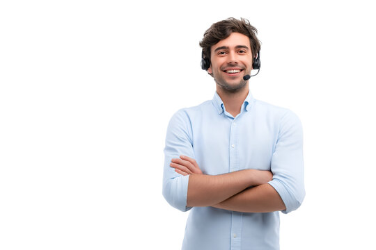 Confident smiling man wearing headset ready to assist, professional call center agent helping customers