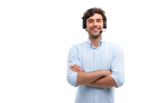 Confident smiling man wearing headset ready to assist, professional call center agent helping customers