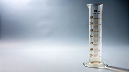 Naklejka premium Clear measuring cylinder with graduated scale and liquid against soft background