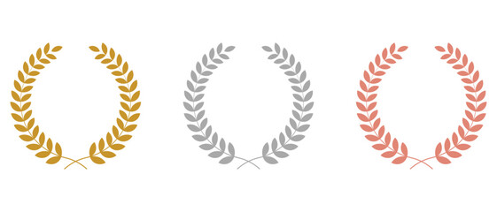 Obraz premium Greek olive branch award, winner round emblem. Set of circular foliate laurels branches. Set of Silver gold and bronze silhouette circular laurel foliate, Laurel wreath. Vector illustration.
