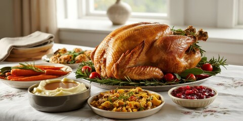 Golden roasted turkey centerpiece with festive side dishes for a happy Thanksgiving feast, ready to bring warmth and tradition to your holiday designs