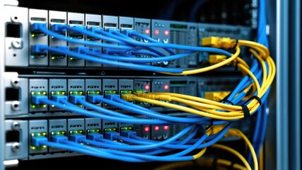 Close view of networking equipment in a data center setting. Blue and yellow cables connect various ports, and lights indicate active connections. The environment is high-tech and organized - Powered by Adobe