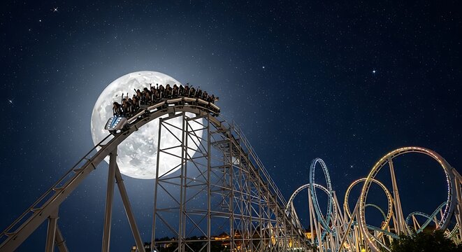 Rollercoaster Thrills Under the Moonlight - A Nighttime Adventure.