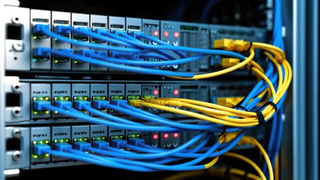 Close view of networking equipment in a data center setting. Blue and yellow cables connect various ports, and lights indicate active connections. The environment is high-tech and organized