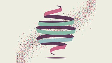 A swirling ribbon design with scattered pixels in shades of pink green and purple on a light background