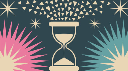 Hourglass with triangles and stars on a dark background with pink and blue burst shapes around it